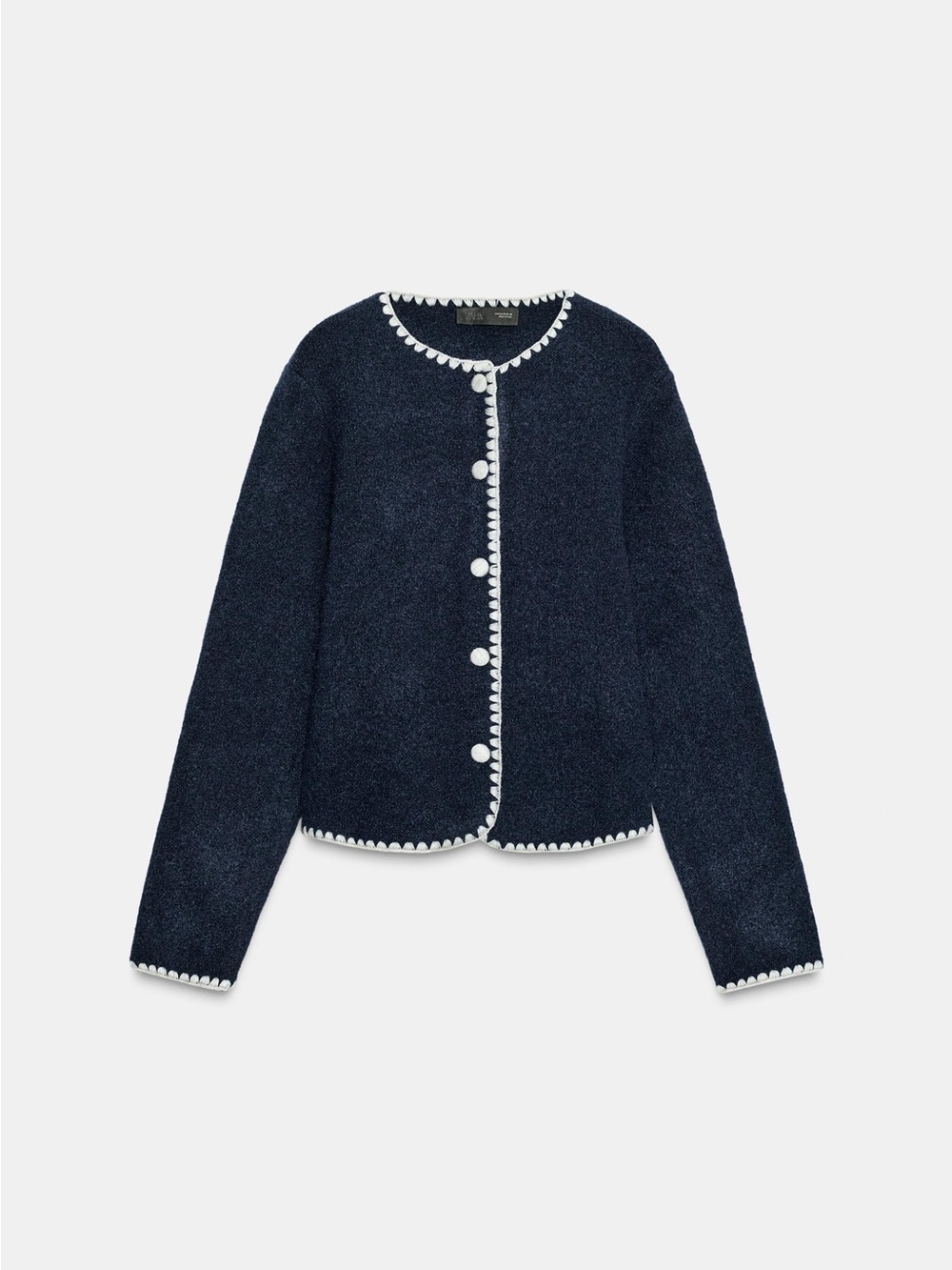 Navy Bouclé Button Front Cardigan with White Trim
